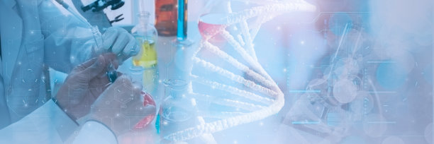 医生或科学家手持玻璃试管，内含分子和DNA结构及红细胞样本，概念医疗、医疗、科技开发应用生物系统图片下载