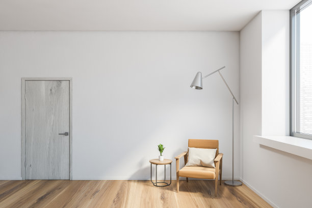 大厅用棕色的椅子和灯光在白色的房间里复制空间的模型图片下载