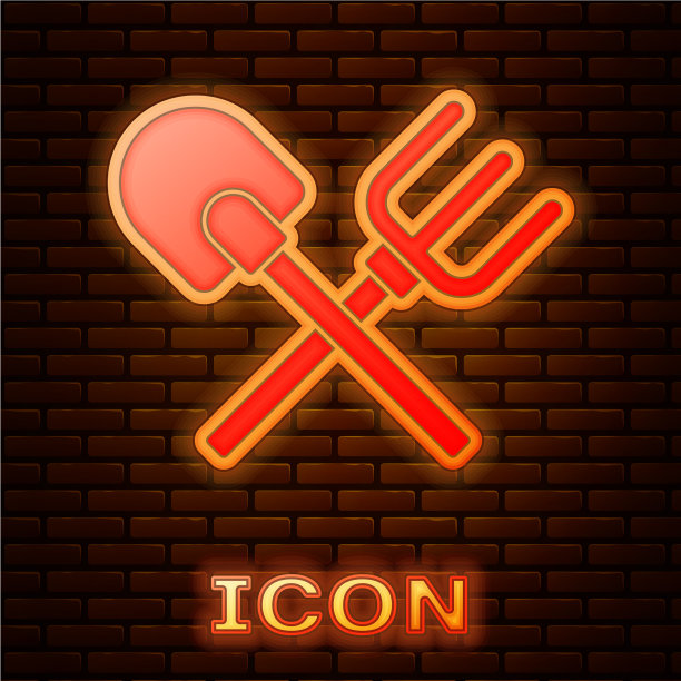 发光的霓虹灯铲子和耙图标隔离上图片下载