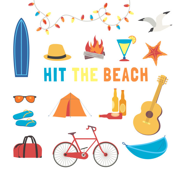 夏天海滩好玩的冒险图标设置平坦图片下载