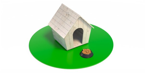 狗屋和狗粮碗孤立在白色的背景，木制的避难所为宠物之家。三维演示图片下载