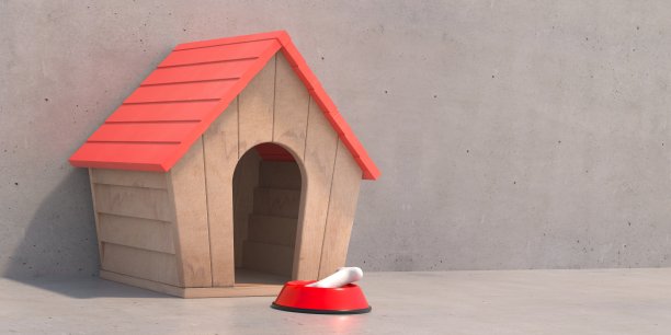 狗屋和骨头在灰色的背景下，木制的小屋作为宠物的家。三维演示图片下载