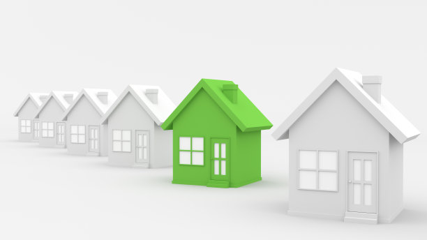 绿色的房子在白色的房子中间，在白色的背景。狩猎和搜索概念图片下载