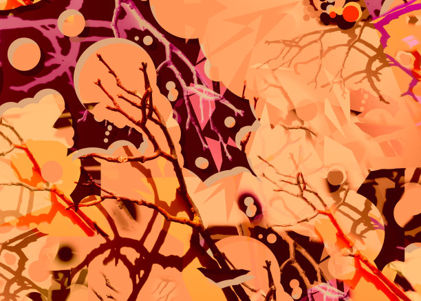 抽象艺术水平海报上的光秃秃的树枝，用于室内墙壁，几何形状，圆圈，线，油漆点和条纹，桃色，棕色，酒红色，粉色和一些红色。明亮的情绪增强颜色图片下载