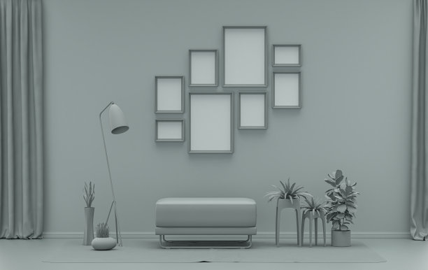 极简主义的客厅内部是单一的粉彩灰灰色，墙上有8个框架，家具和植物，在房间里，3d渲染图片下载
