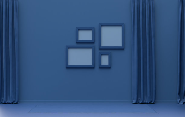 室内无家具且空无一物，4个海报框挂在墙上，3D渲染图片下载