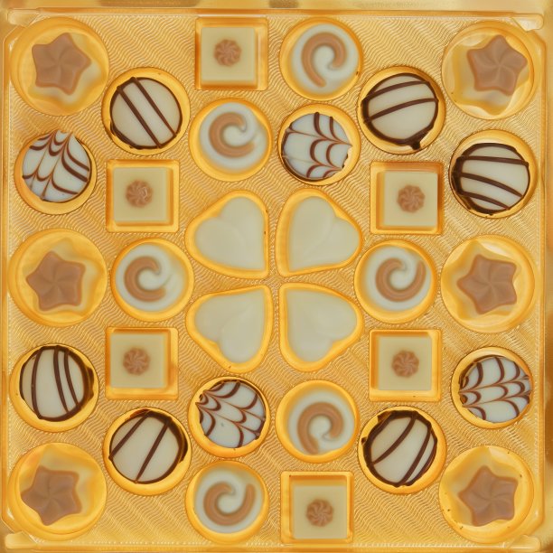 巧克力糖果盒子。白巧克力。金色盒子里的各种巧克力松露特写。糖果和甜点。巧克力糖果。巧克力糖果放在一个打开的盒子里。前视图。图片下载