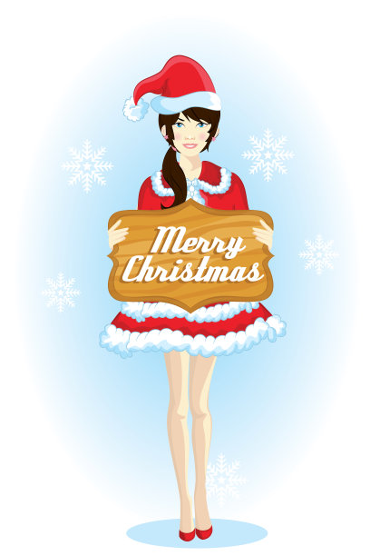 穿着圣诞老人衣服的女人，手里拿着快乐的圣诞公告牌。图片下载