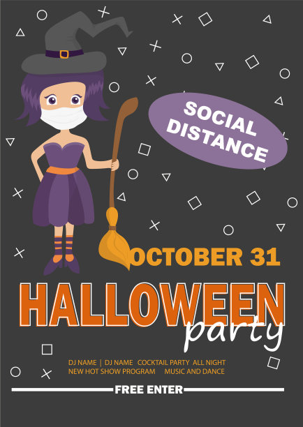 可爱的巫婆戴着医用面具万圣节图片下载