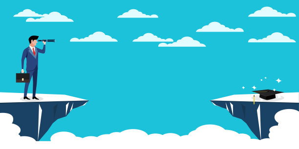 一个商人拿着望远镜看着毕业帽。商业眼光图片下载