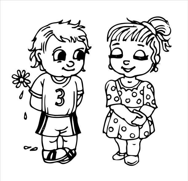 男孩给女孩花。手绘。大纲。有趣的图片。物体被隔离在白色背景上。向量图片下载