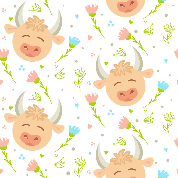 无缝图案与可爱的奶牛和花卉在涂鸦风格。图片下载