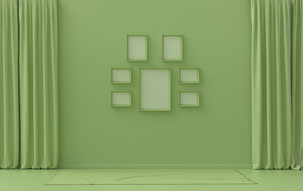 模拟海报画廊墙与六个框架在固体粉彩浅绿色房间没有家具和空，3d渲染图片下载