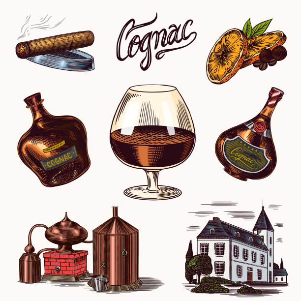 干邑和玻璃瓶上都有标签雪茄和图片下载