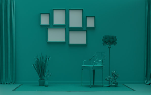 海报框架背景房间在平坦的深绿色与6个框架在墙上，纯单色背景画廊墙模型，3d渲染图片下载