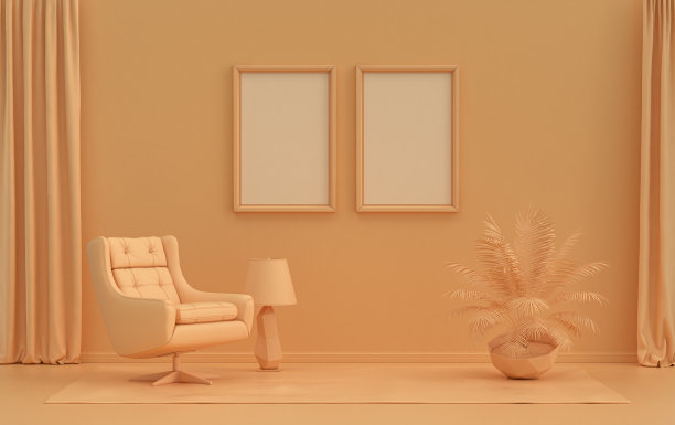 双框画廊墙橙色粉红单色房间家具和植物，3d渲染图片下载