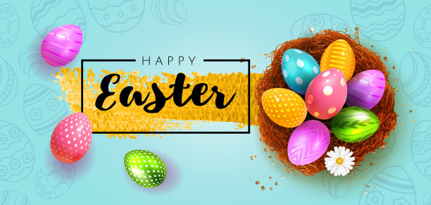 节日快乐复活节蓝色横横幅。逼真的3d设计元素。春天的节日。复活节把彩蛋放在巢里。复活节促销及购物模板。蓝色背景。向量图片下载