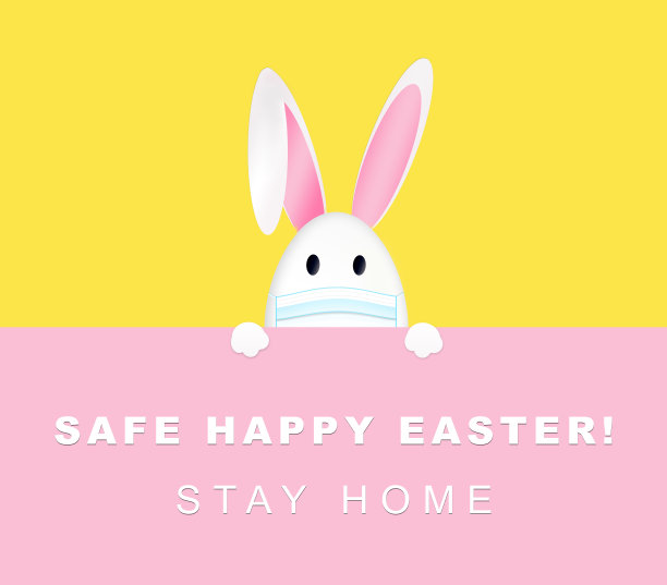 复活节蛋在医疗面具和复活节兔子耳朵在粉红色和黄色的背景。冠状病毒复活节彩蛋兔子。健康平安，复活节快乐。呆在家里，注意安全。横幅。复活节快乐的问候图片下载