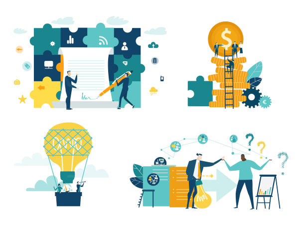 平面设计网站或应用程序页面模板。金融服务，银行，战略规划，发展，业务解决方案，咨询，市场研究，团队合作，数据分析，支持，安全图片下载