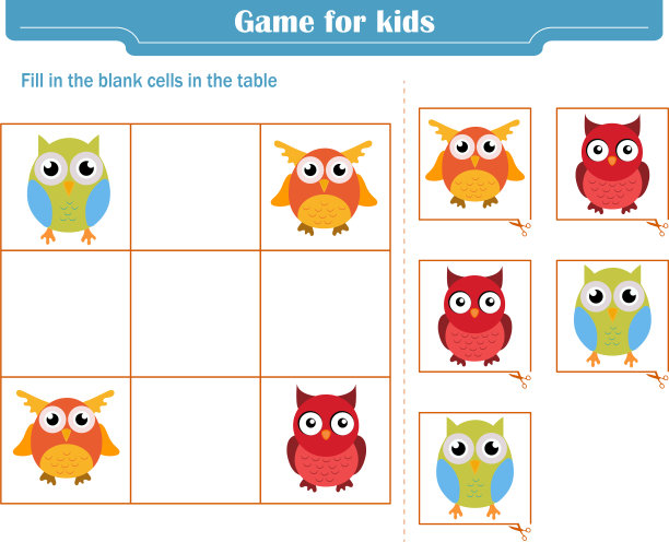 儿童逻辑游戏。填写表格中的空白单元格，以便每个行和列中元素只出现一次图片下载