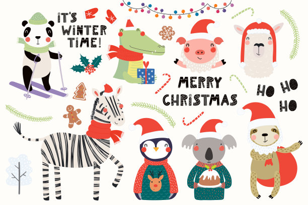 可爱动物圣诞贺卡图片下载