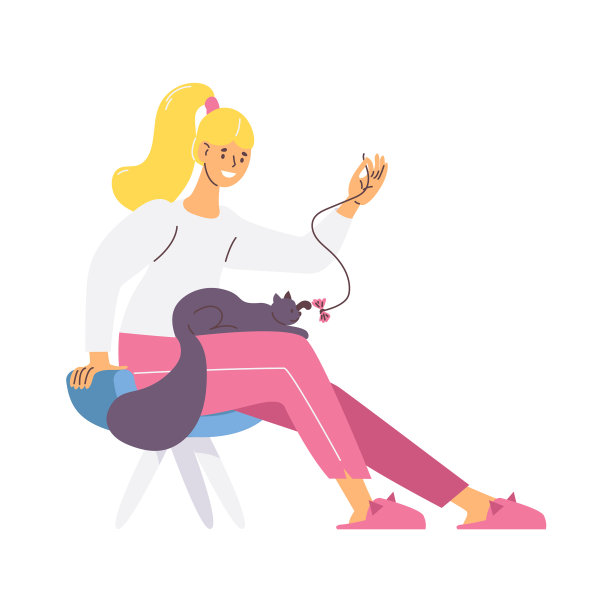 年轻的金发女人坐着玩她的猫图片下载