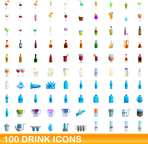 100个饮料图标设置卡通风格图片下载
