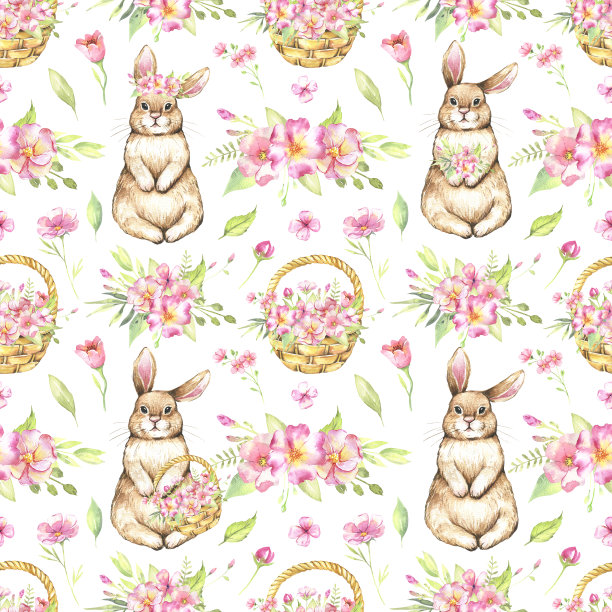 水彩复活节无缝篮子，兔子和花在白色的背景。可爱的卡通插图。完美的邀请和礼物包装图片下载
