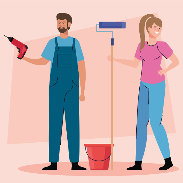 女人和男人用建筑钻机和油漆图片下载