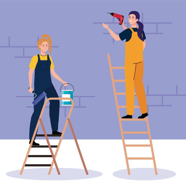 妇女漫画与建筑钻机和油漆图片下载