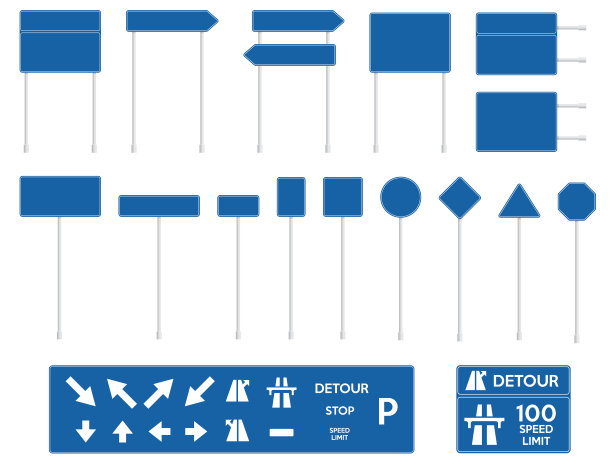 空白蓝色路标孤立在白色背景。一组欧洲交通标志。收集临时交通标志。图片下载