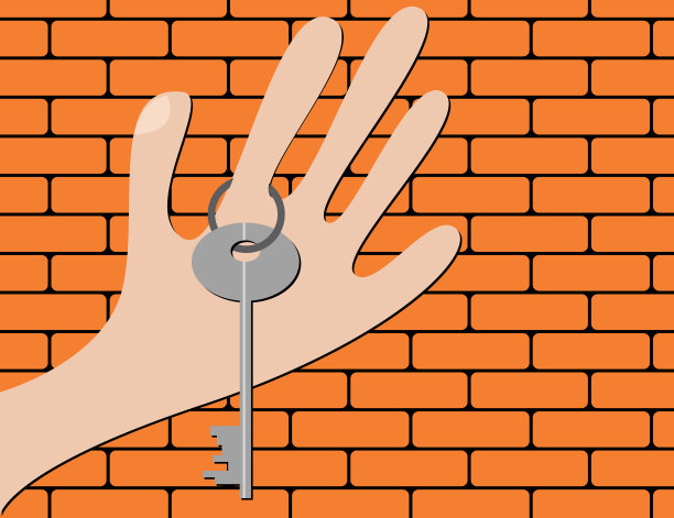 你手中的金属钥匙放在砖墙背景上图片下载