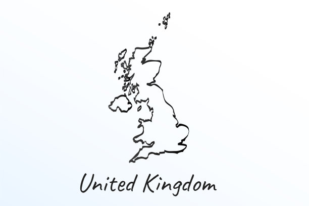 手绘英国地图。黑线草图。白色背景上的轮廓涂鸦。书写国家名称。矢量图图片下载