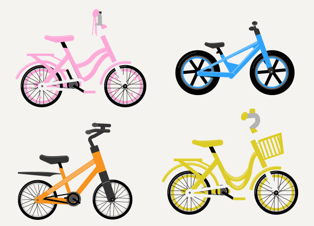 一套儿童自行车。自行车为儿童，为男孩和女孩。图标，矢量，平面设计。图片下载