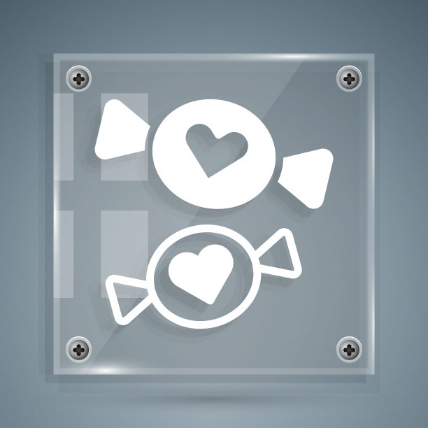 白色糖果图标孤立在灰色背景。方形玻璃面板。向量图片下载