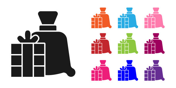 白色背景上的黑色圣诞老人礼物袋图标，圣诞礼物袋，圣诞快乐，新年快乐，彩色矢量图标图片下载