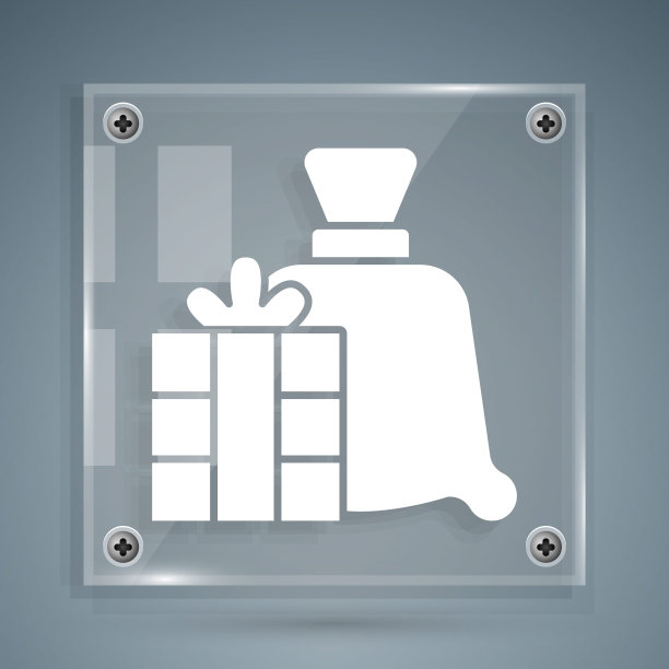 灰色背景上的白色圣诞老人礼品袋图标。圣诞礼物袋。圣诞快乐，新年快乐。方形玻璃面板。矢量图图片下载