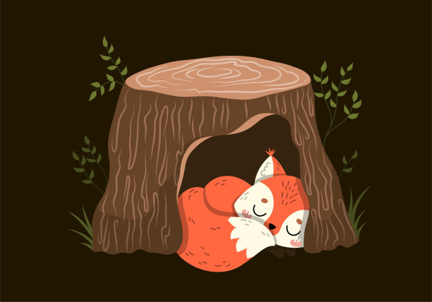 可爱的小红狐在空心的树干里睡觉图片下载