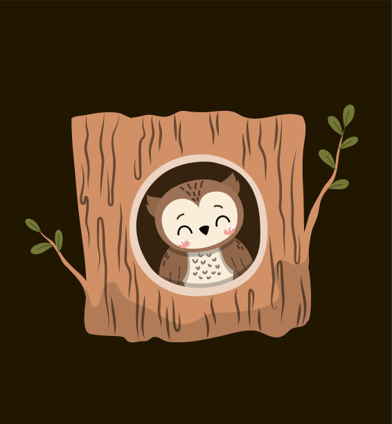 可爱的卡通小猫头鹰在一棵空心的树林里图片下载