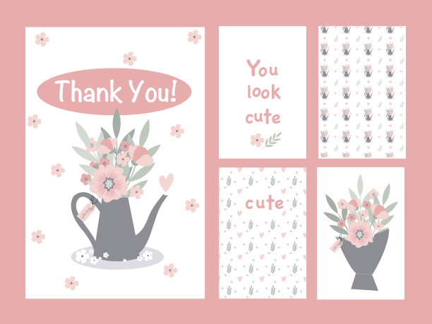 向量集贺卡与鲜花在喷壶，花盆，心。可爱的粉红色的邀请。感谢卡图片下载