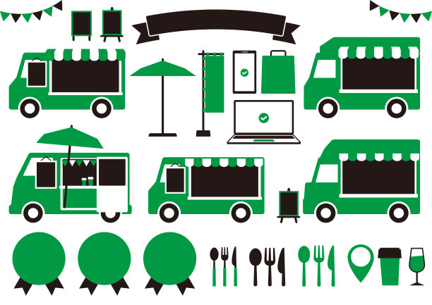 食品卡车图标设置。“黑色和绿色”图片下载