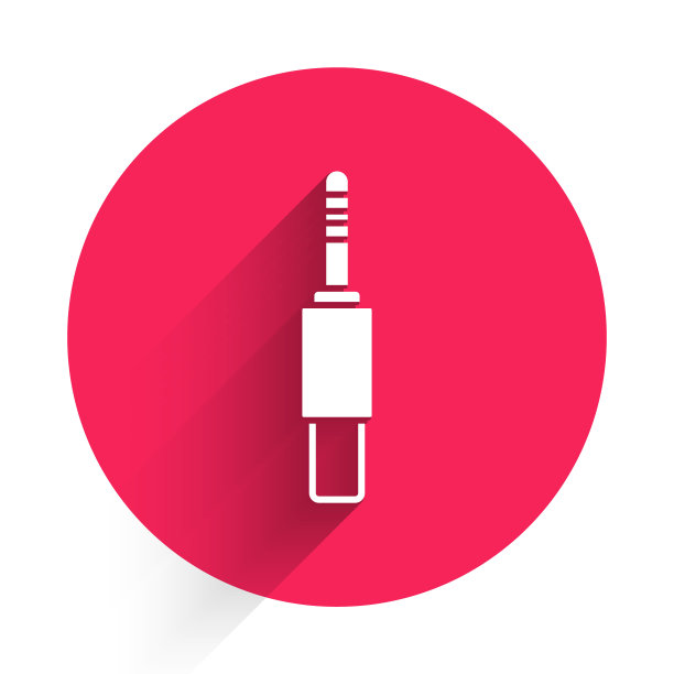 白色音频插孔图标孤立与长影子。用于连接音响设备的音频电缆。插线。乐器。红色圆圈按钮。向量图片下载