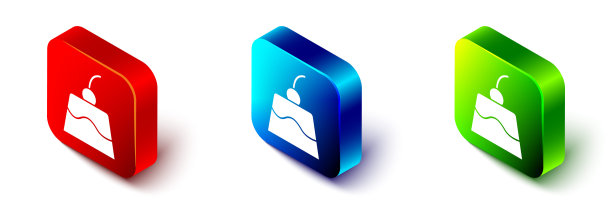 等距布丁蛋奶冻与焦糖釉图标孤立在白色背景。红色，蓝色和绿色的方形按钮。向量图片下载