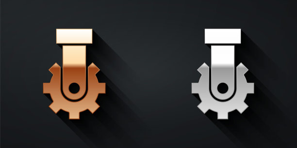 金色和银色变速器自行车后速度折叠图标孤立在黑色背景。长长的阴影风格。向量图片下载