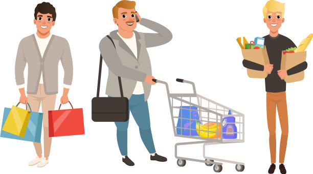 提着购物袋推着购物车的年轻人图片下载