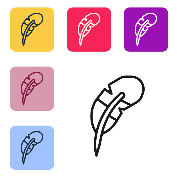 黑色线羽毛笔图标孤立在白色背景上。设置图标的颜色方形按钮。向量图片下载