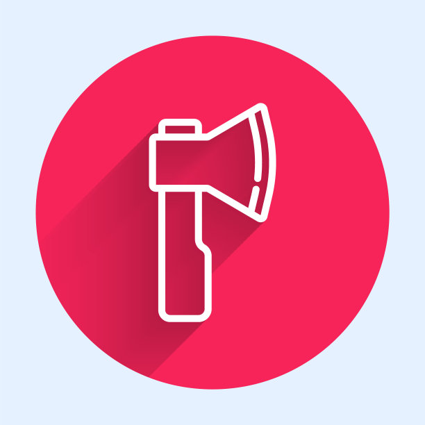 白色线木斧图标孤立与长影子。伐木工人斧头。红色圆圈按钮。向量图片下载