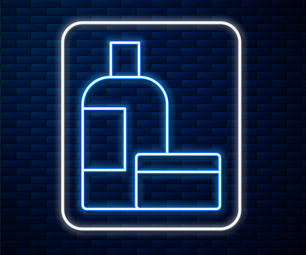 发光的霓虹线霜或乳液化妆品管图标孤立在砖墙的背景。女性的身体护理产品。向量图片下载