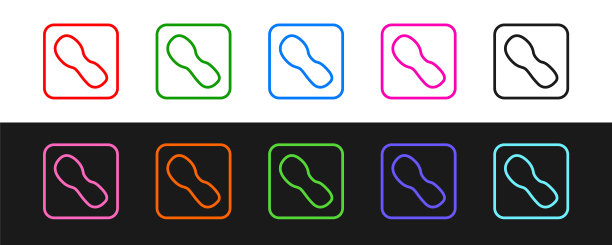 设置线人类脚印鞋图标隔离在黑色和白色背景。鞋鞋底。向量图片下载