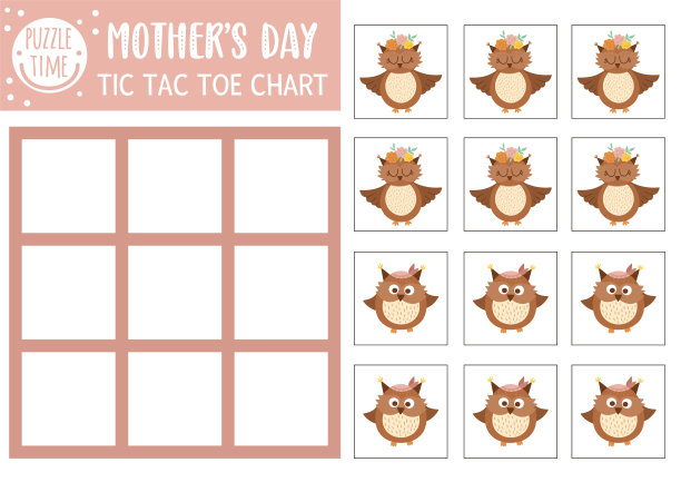 矢量母亲的一天与可爱的小猫头鹰和他的母亲。假日棋盘游戏与森林的小鸟。有趣的印刷工作表的孩子。零和交叉网格图片下载